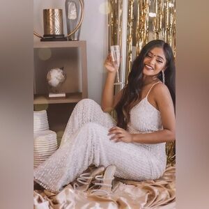 NEW David’s Bridal white sequined spaghetti strap blouson jumpsuit size 8